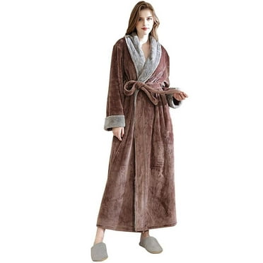 Women's Fleece Long Robe Warm Flannel Sherpa Trim Plush Bathrobe with Belt Pockets,XL & Coffee
