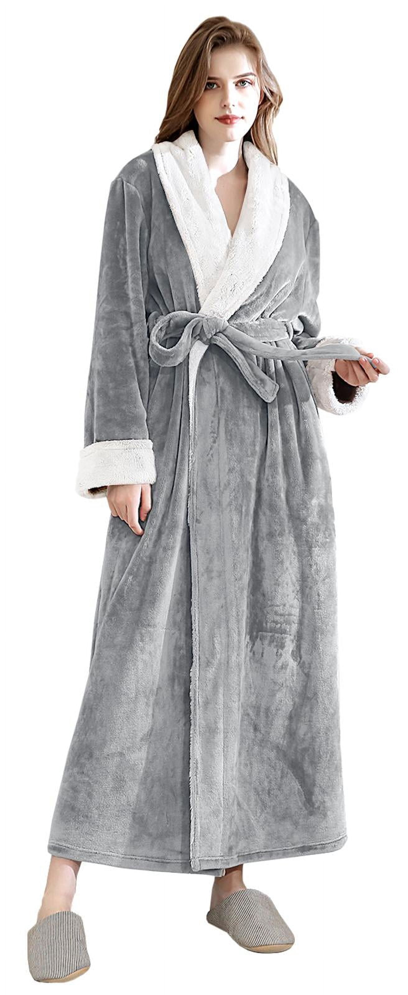 Women's Fleece Long Robe, Sherpa Trim, Lightweight, Plush Bathrobe with ...