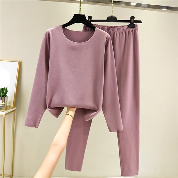 Women's Fleece Loungewear Set - Long Sleeve Solid Thick Warm Pajamas & Pants - Purple - XL