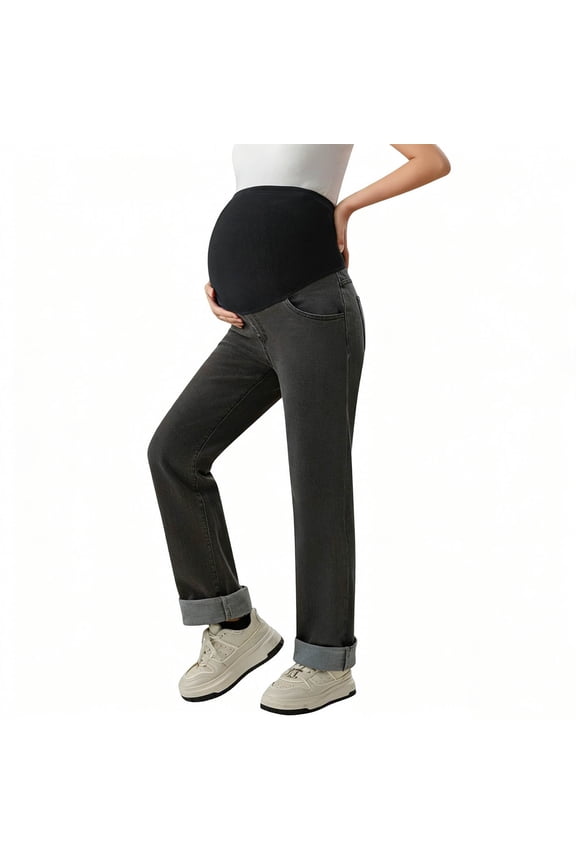 Women's Fleece Maternity Jeans Straight Leg Relaxed Fit Denim Pants Over Belly Pregnancy Jean Maternity Clothes with Pockets Stretchy Bootcut Pregnancy Pants 2026 Fall Winter Bottoms