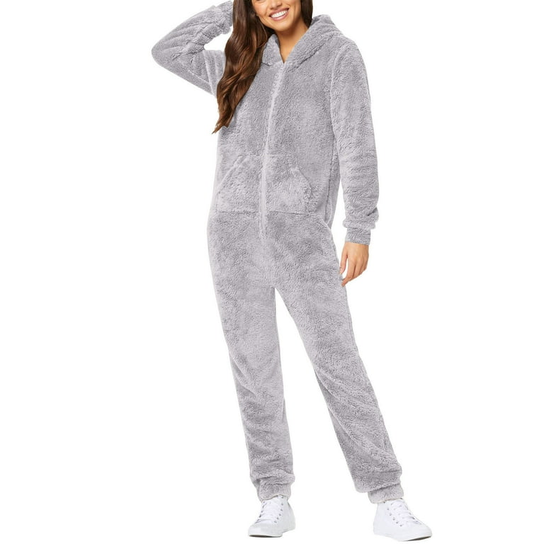Women s Fleece Onesie Loungewear Pajamas Winter Warm Fuzzy One Piece Romper Zipper Hooded Jumpsuit Sleepwear Ladies Clothes