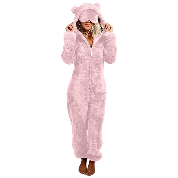 Women's Fleece Onesie Pajamas Hooded Romper Sleepwear Loungewear (Pink, 2XL)