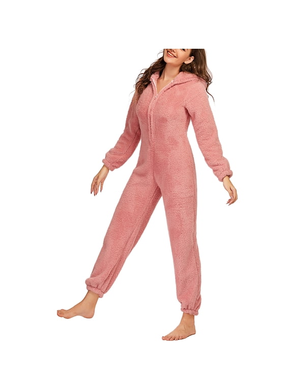 Women's Fleece Onesie Pajamas One Piece Winter Warm Cozy Plush Hooded Zipper Jumpsuit Pajama Sleepwear Plus Size