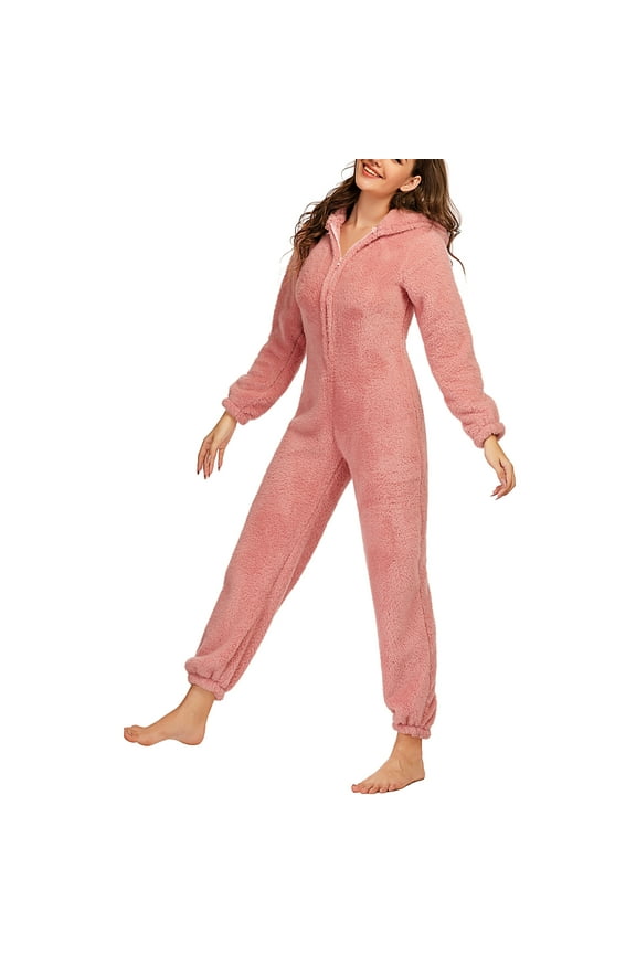 Women's Fleece Onesie Pajamas One Piece Winter Warm Cozy Plush Hooded Zipper Jumpsuit Pajama Sleepwear Plus Size