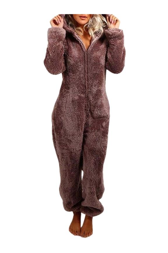 Women's Fleece Onesie Pajamas One Piece Winter Warm Cozy Plush Hooded Zipper Jumpsuit Pajama Sleepwear Plus Size