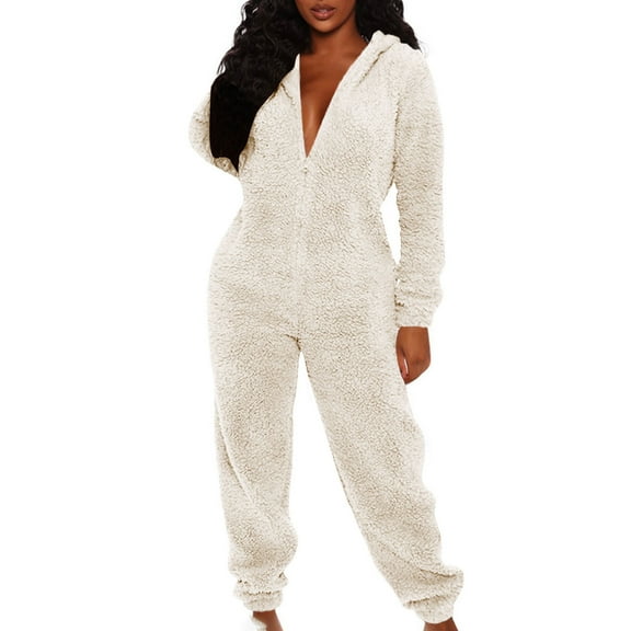 Women's Fleece Onesie Pajamas Warm Soft Romper Sleepwear One Piece Hooded Zipper Playsuit Loungewear