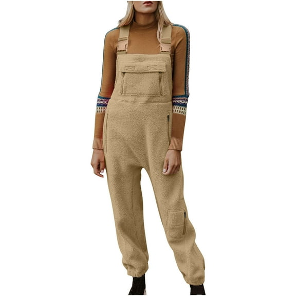 Women's Fleece Overalls Winter Warm Fuzzy Sleeveless Loose Casual Adjustable Strap Sherpa Jumpsuits with Pockets (L, Khaki)