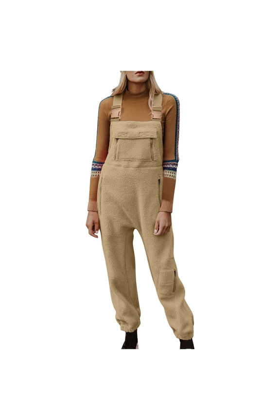 Women's Fleece Overalls Winter Warm Fuzzy Sleeveless Loose Casual Adjustable Strap Sherpa Jumpsuits with Pockets (L, Khaki)