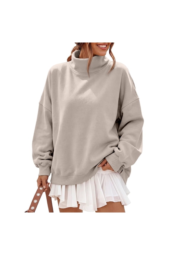 Women’s Fleece Oversized Mock Neck Sweatshirts with Pockets Camel 2XL