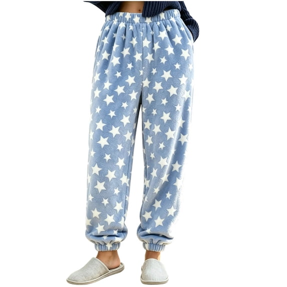Women's Fleece Pajama Pants Star Print Elastic Waist Cuffed Ankle Loose Fit Soft Warm Cozy Casual Fall Winter Everyday Lounge Sleep Trousers Blue
