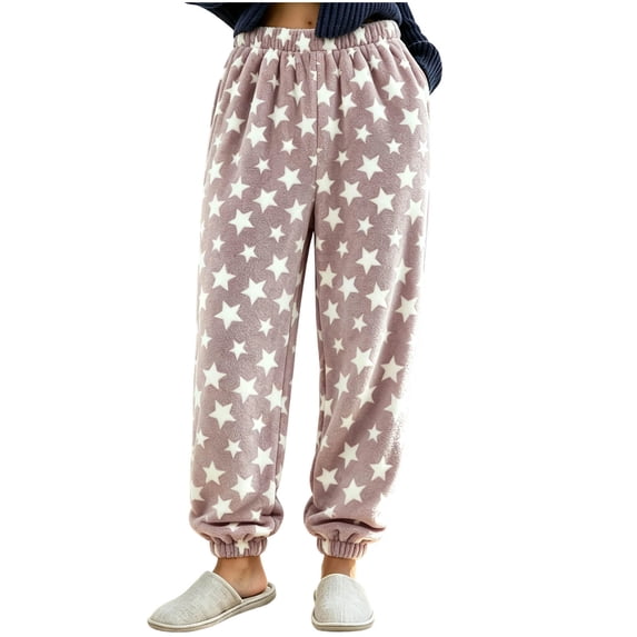 Women's Fleece Pajama Pants Star Print Elastic Waist Cuffed Ankle Loose Fit Soft Warm Cozy Casual Fall Winter Everyday Lounge Sleep Trousers Khaki
