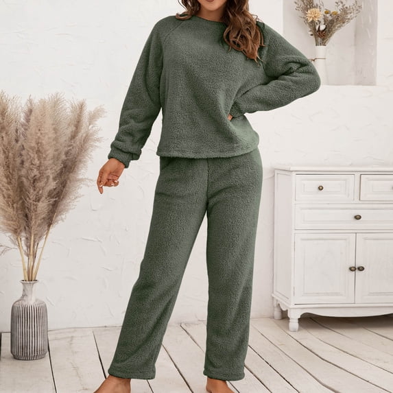 Women's Fleece Pajama Set 2 Piece Long Sleeve Pullover Tops and Pants Outfit Warm Loungewear Cozy Sleepwear New Two Piece Pants Set for Women Vacation Army Green L