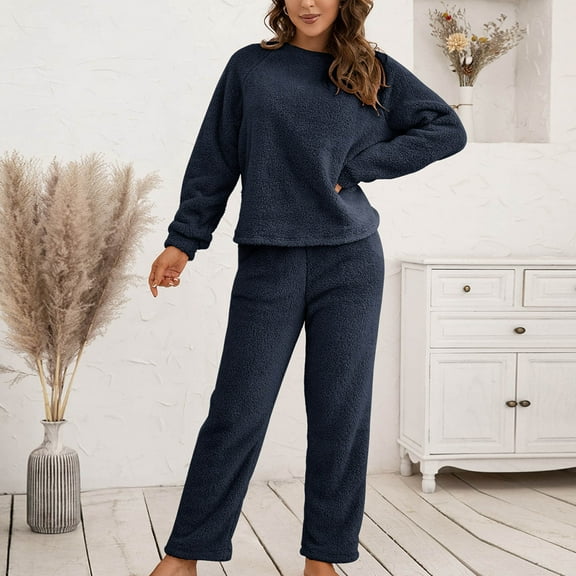 Women's Fleece Pajama Set 2 Piece Long Sleeve Pullover Tops and Pants Outfit Warm Loungewear Cozy Sleepwear New Womens 2 Piece Sets Plus Size Navy S