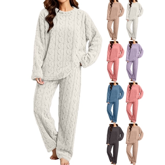 Women's Fleece Pajama Sets,Crew Neck Long Sleeve Top and Wide Leg Pants 2 Piece Thick Warm Loose Loungewear Sleepwear