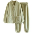 thumbnail image 1 of Women's Fleece Pajama Sets Fall Winter Cozy Warm Solid Button V-Neck Tops and Pants Outfits Fluffy Plush Loungewear with Pockets, 1 of 3