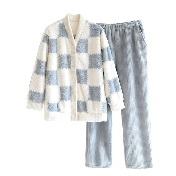 Women's Fleece Pajama Sets Fall Winter Cozy Warm Solid Button V-Neck Tops and Pants Outfits Fluffy Plush Loungewear with Pockets