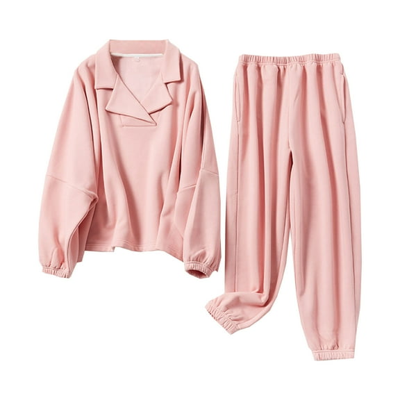 Women's Fleece Pajamas Comfy Solid Color Winter Warm Long Sleeve Tops and Pants 2 Piece Set Sleepwear Sweatsuit