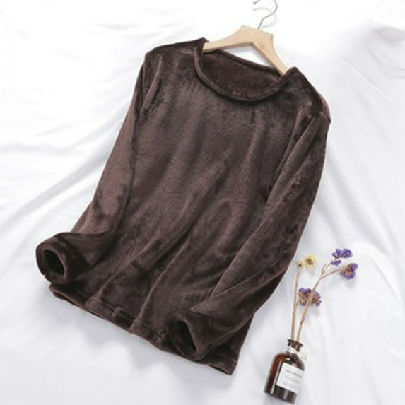 Women's Fleece Pajamas Tops Long Sleeve Thermal Pullover Winter Warm Crewneck Shirts Soft Fuzzy Loungewear New Night Shirts for Women Sleepwear Coffee L