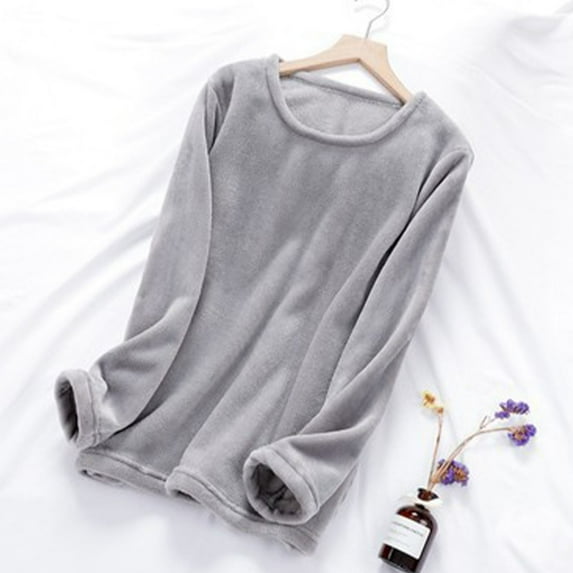 Women's Fleece Pajamas Tops Long Sleeve Thermal Pullover Winter Warm Crewneck Shirts Soft Fuzzy Loungewear New Pajamas Tops for Women Plus Size Gray XL
