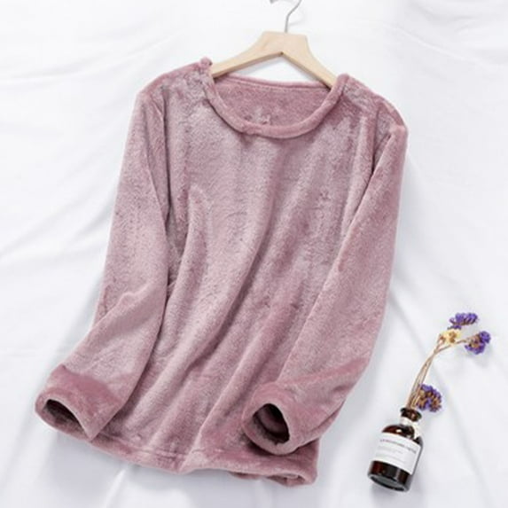 Women's Fleece Pajamas Tops Long Sleeve Thermal Pullover Winter Warm Crewneck Shirts Soft Fuzzy Loungewear New Women Comfy Sleepwear Pinky XL