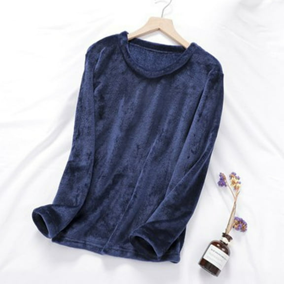 Women's Fleece Pajamas Tops Long Sleeve Thermal Pullover Winter Warm Crewneck Shirts Soft Fuzzy Loungewear New Women Pajamas Tops Navy L