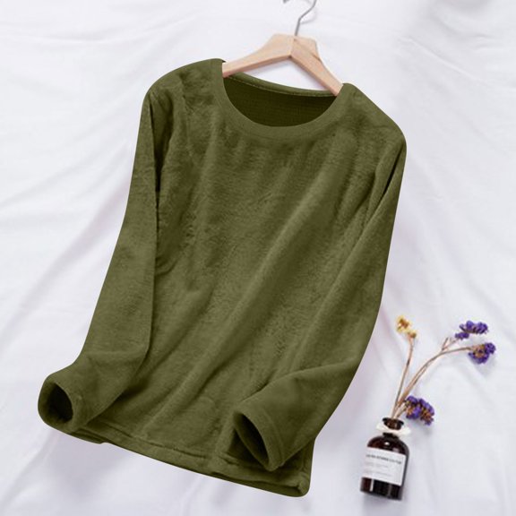 Women's Fleece Pajamas Tops Thermal Crewneck Pullover Shirts Fuzzy Loungewear (Army Green L)