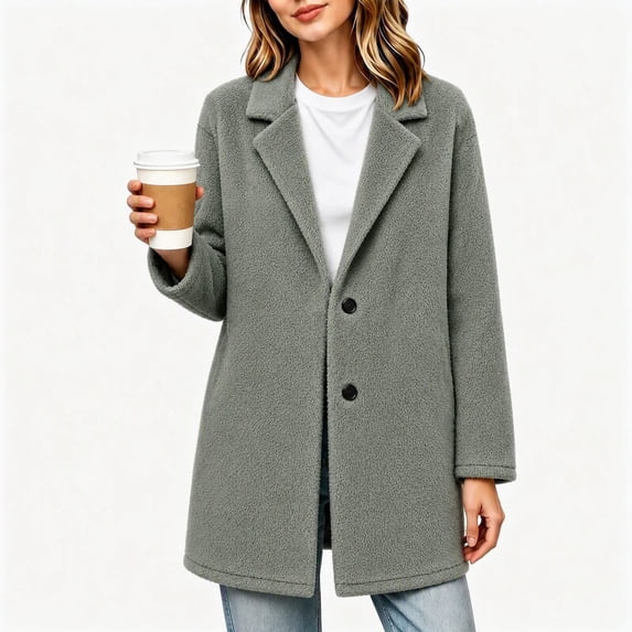 Women's Fleece Peacoat Plush Notch Lapel Collar Jacket Mid Length Winter Single Button Trench Outerwear