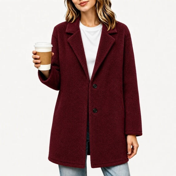 Women's Fleece Peacoat Plush Notch Lapel Collar Jacket Mid Length Winter Single Button Trench Outerwear