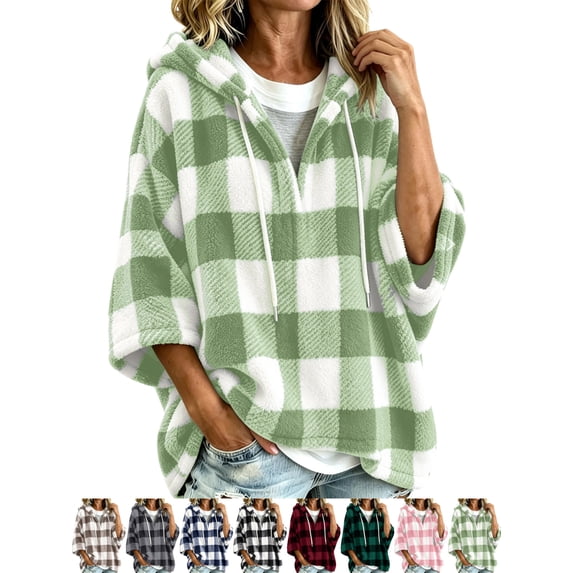 Women's Fleece Plaid Hoodie Casual Half Zip 3/4 Sleeve Oversized Loose Fit Classic Tops