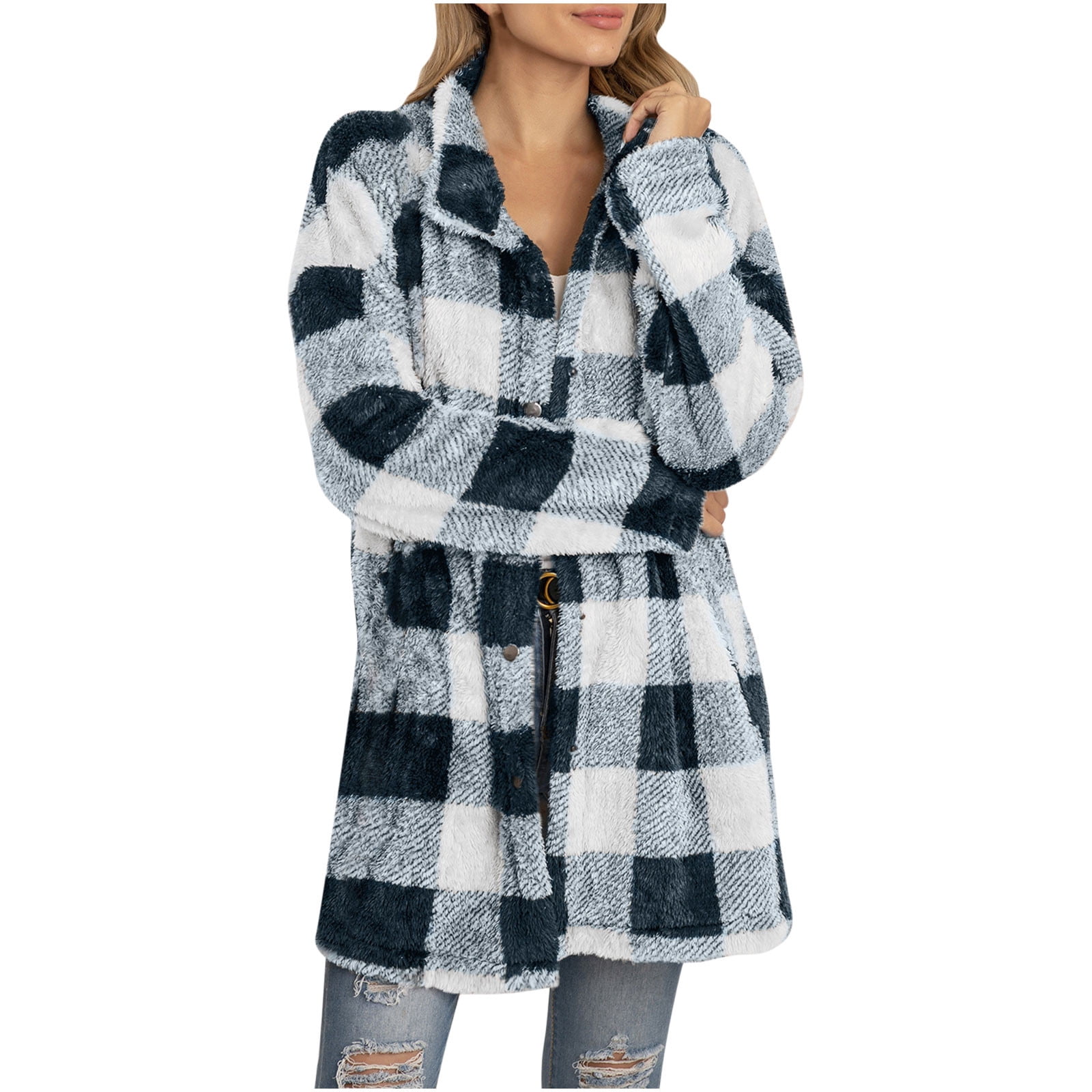 Women's Fleece Plaid Jacket Coats Button Down Lapel Shacket Jacket