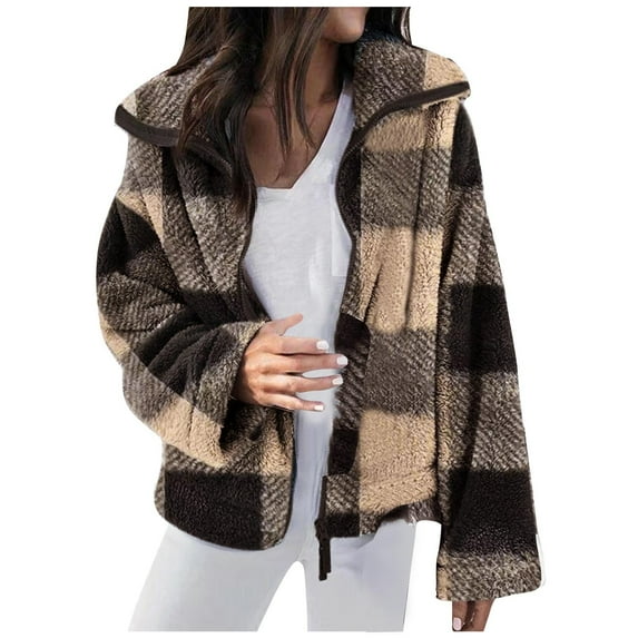 Women's Fleece Plaid Jacket Coats Lapel Zipper Cardigan Sherpa Shacket Outwear Khaki L