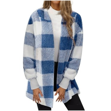Women's Fleece Plaid Jacket Long Sleeve V Neck Coats Open Front Sherpa Shacket Fall Winter Warm Outwear