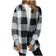 thumbnail image 1 of Women's Fleece Plaid Jacket Long Sleeve V Neck Coats Open Front Sherpa Shacket Fall Winter Warm Outwear, 1 of 6