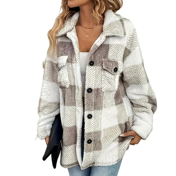 Women's Fleece Plaid Teddy Jacket Button Front Long Sleeve Winter Thermal Outwear-XL