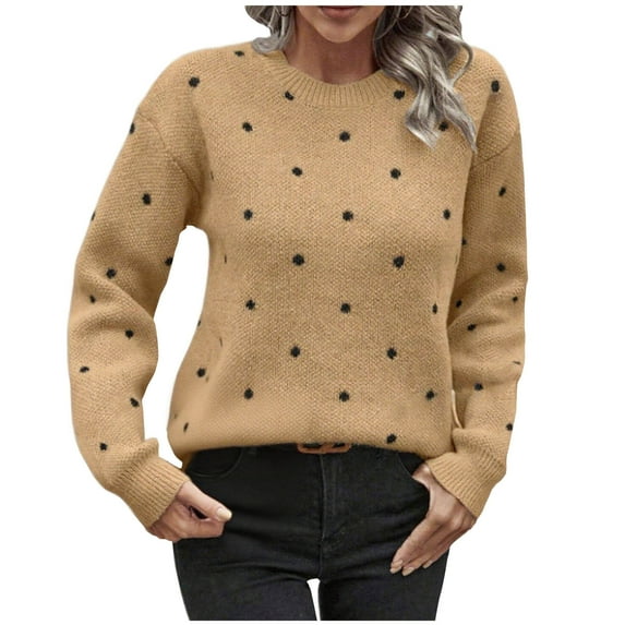 Women's Fleece Polka Dots Sweaters Long Sleeve Casual Pullover Sweaters Crew Neck Stretch Knit Tops Warm Fall Shirt (L, Yellow)