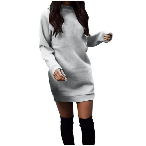 Women's Casual Long Pullover Fleece Christmas Sweatshirt Dress Long Sleeve Round Neck Mini Solid Color Sweater Dresses