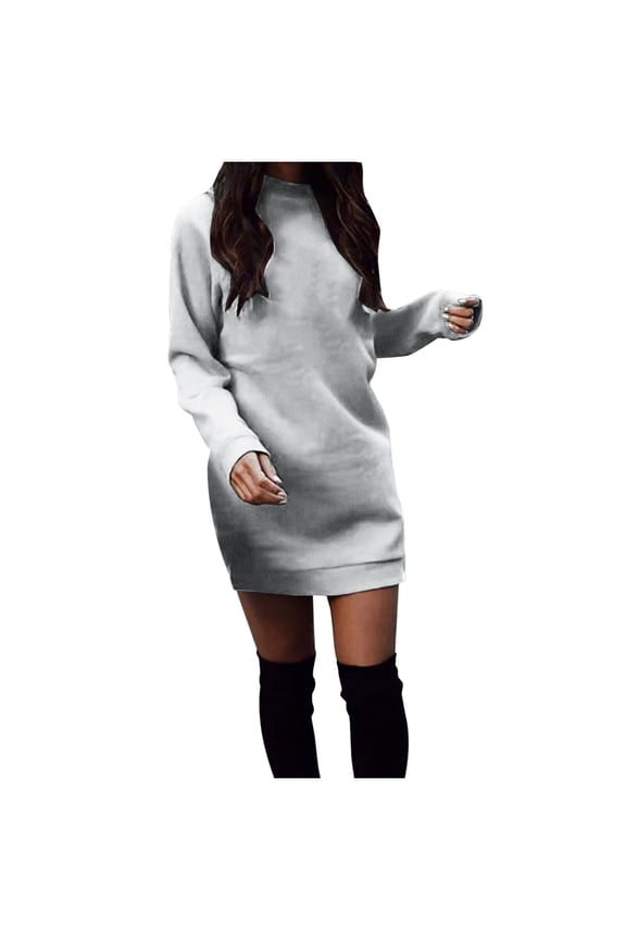 Women's Fleece Pullover Sweatshirt Dress Crewneck Casual Solid Color Long Sleeve Bodycon Mini Sweater Dress