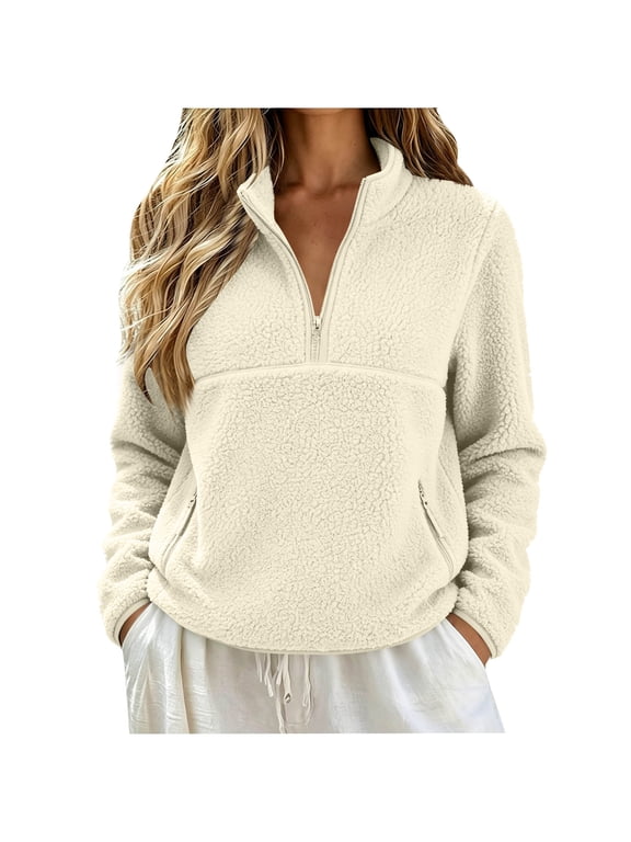 Women’s Fleece Pullover Sweatshirt, Quarter Zip Long Sleeve Tops with Stand Collar and Kangaroo Pocket, Soft Casual Fuzzy Fleece Shirts, Warm Lightweight Fall Winter Tops