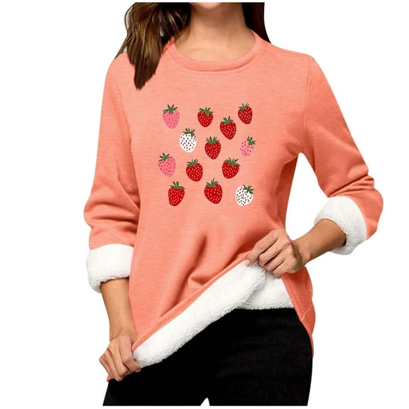 Women's Fleece Pullover Tops Cute Strawberry Long Sleeve Shirts Thermal Sweatshirts Womens Warm Sherpa Lined Crewneck Pullovers Winter Fashion Casual Clothes Tunic Loungewear for Cold Weather