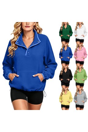Women's Fleece Quarter Snap Pullover Long Sleeve Oversized Loose Fit Casual Warm Fall Winter Sweatshirt Jacket with Pockets Drawstring Hem Yellow