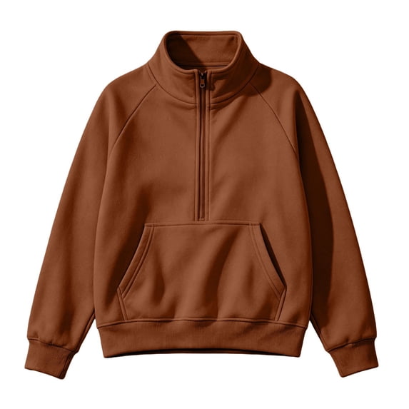 Women's Fleece Quarter Zip Sweatshirts Mock Neck Long Sleeve Pullover Tops Comfort Oversized Hoodies Casual Trendy Shirts women clothing Brown S