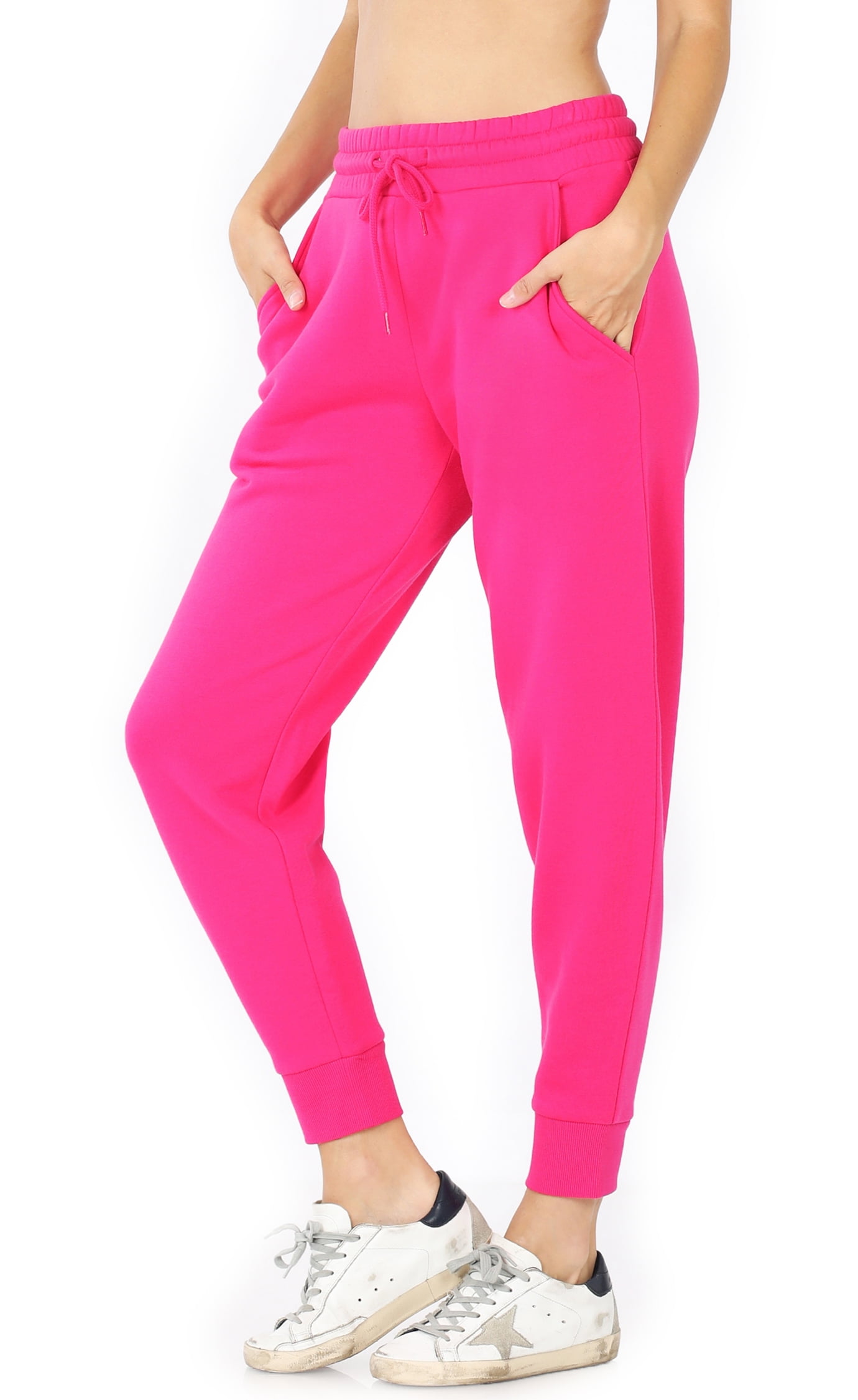 Women's Fleece Relax Fit Cropped Jogger Lounge Sweatpants Running Pants ( Fleece Hot Pink, Large) 