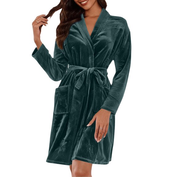 Women's Fleece Robe - Lightweight Solid Color Homewear, Dark Green, M