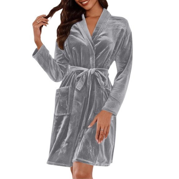 Women's Fleece Robe - Lightweight Solid Color Homewear, Gray, M