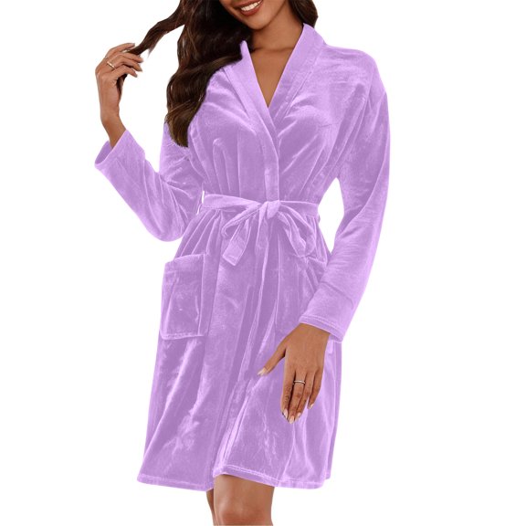 Women's Fleece Robe - Lightweight Solid Color Homewear, Light Purple, L