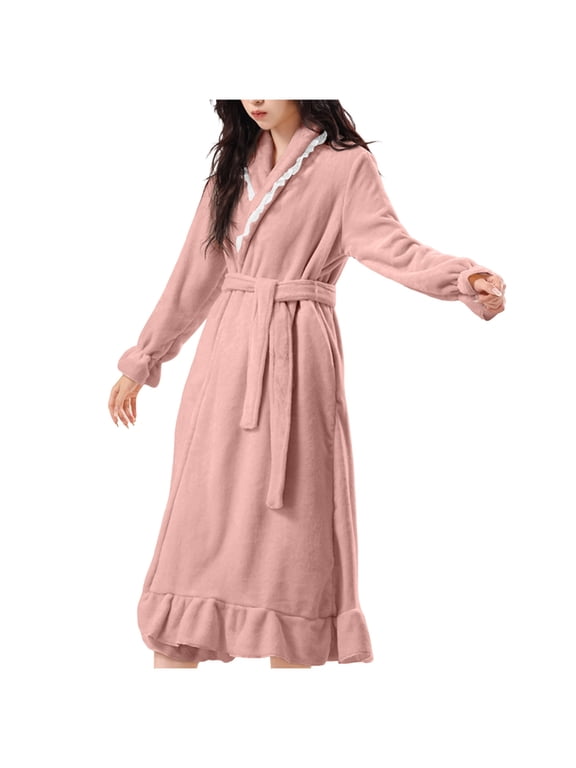 Women's Fleece Robe, Warp Ruffle Lace Trim V-Neck Below-the-Knee Ruffle Bathrobe for Women Travel Casual Long Sleeve House Robe with Tie Waist, M