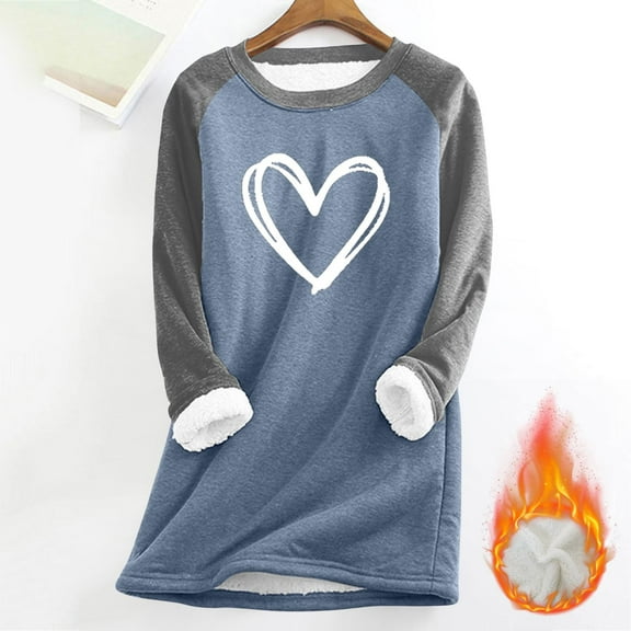 Women's Fleece Sherpa Blouses Fashion Patchwork Heart Printed Sweatshirts Winter Clothing Tops Lined Velvet Thick Warm Shirts Causal Crewneck Long Sleeve Pullover