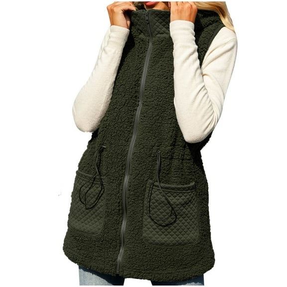 Women's Fleece Sherpa Hooded Vest Fall Winter Warm Soft Zip Up Tunic Sleeveless Jacket Classic Trendy Solid Color Mid Long Waistcoat with Pocket