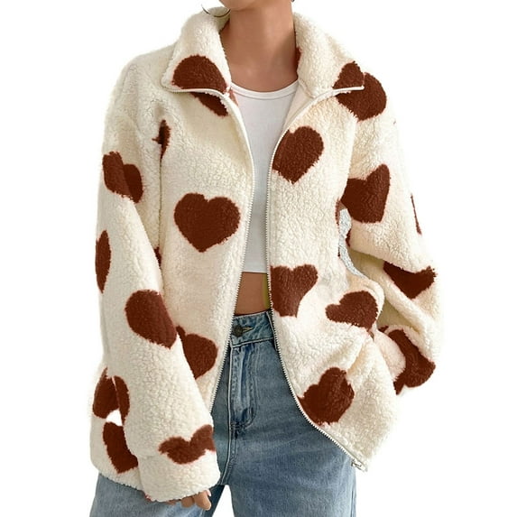 Women's Fleece Sherpa Jacket Heart Print Full Zip Loose Winter Warm Coat Valentine's Day Gifts Winter Outerwear Shermie