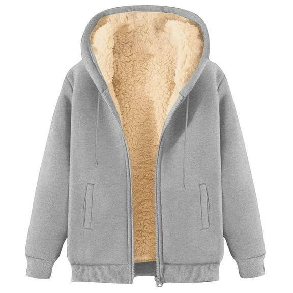 Women's Fleece Sherpa Lined Zip Up Hoodie Casual Warm Fall Winter Coat With Pockets Light Gray XL